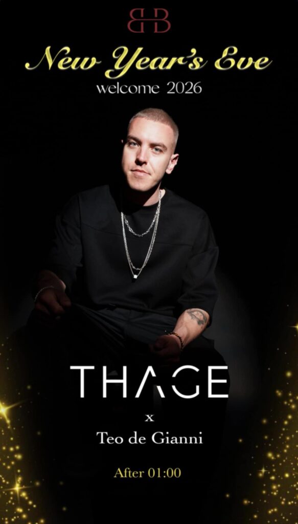 Αφίσα εκδήλωσης στο Bara Hall με τον Dj Thage & Dj Teo de Gianni στη 1 Ιανουαρίου 2026 από τη 1:00 τη νύχτα.