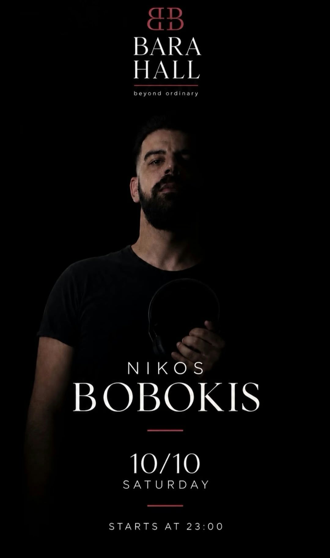 Αφίσα εκδήλωσης στο Bara Hall με τον Dj Niko Boboki στις 10 Οκτωβρίου 2026 από τις 23:00.