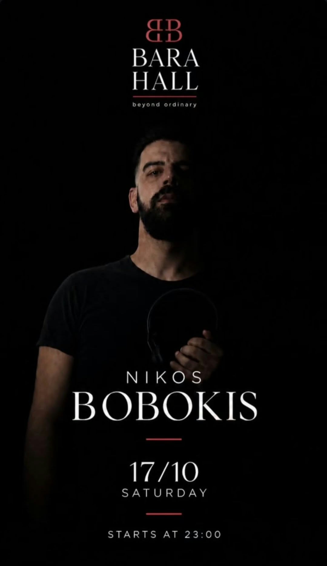 Αφίσα εκδήλωσης στο Bara Hall με τον Dj Niko Boboki στις 17 Οκτωβρίου 2026 από τις 23:00.