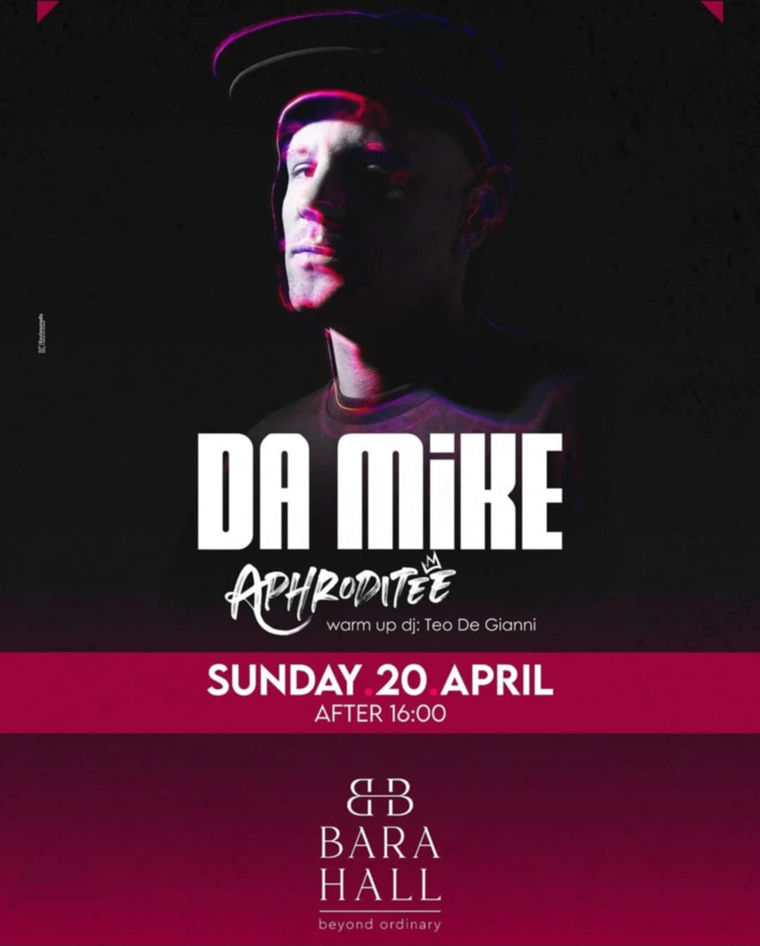 Αφίσα εκδήλωσης με τον Da Mike στο Bara Hall στη παραλία Αιγίου την Κυριακή του Πάσχα 2025 μετά τις 16:00.