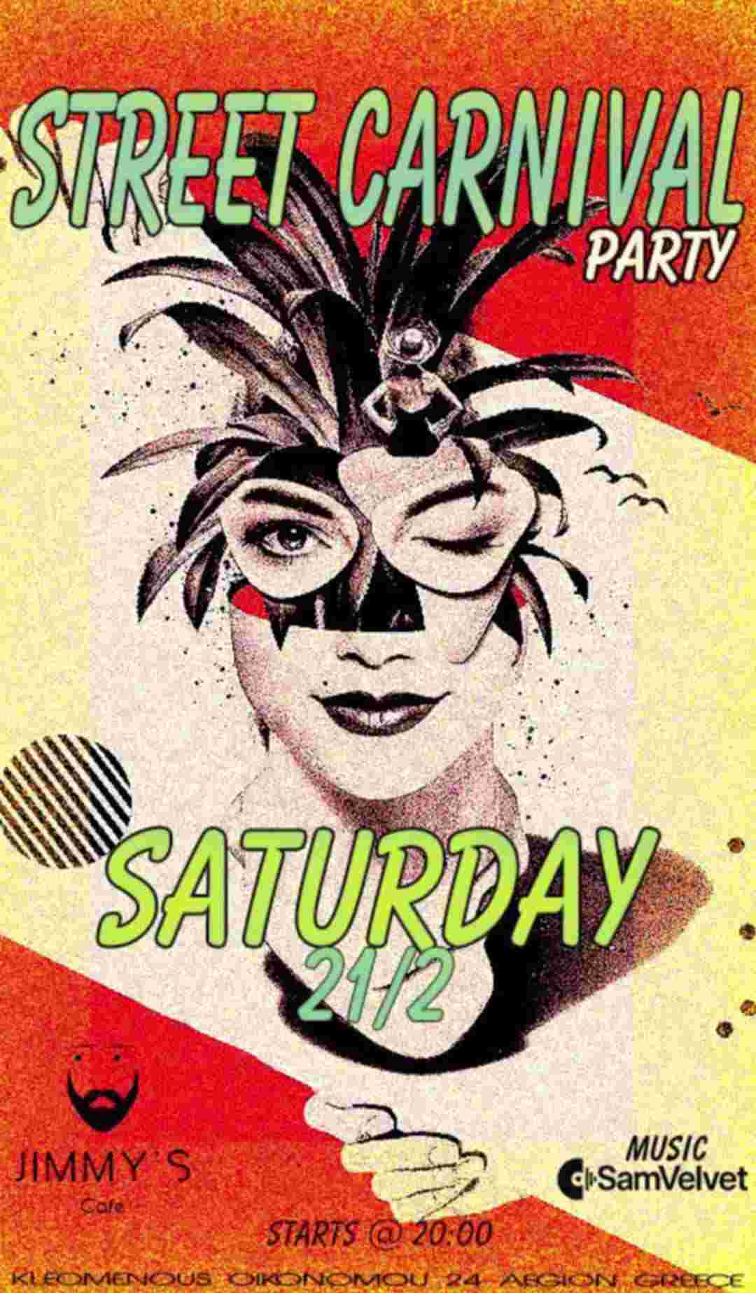 Αφίσα εκδήλωσης στο Jimmy's Cafe με αποκριάτικο πάρτι στις 21 Φεβρουαρίου 2026 και ώρα 20:00.