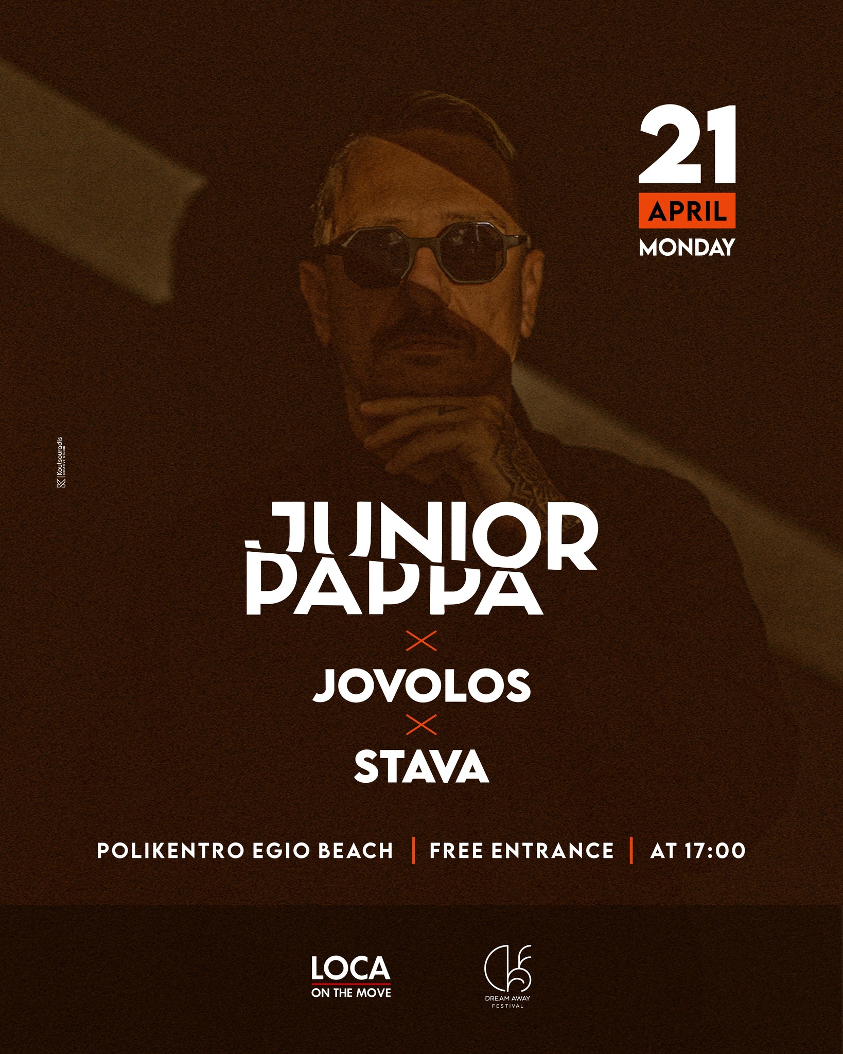 Αφίσα εκδήλωσης "Junior Pappa - Πολύκεντρο" στις 21 Απρίλη 2025 στη παραλία Αιγίου, ώρα 17:00.