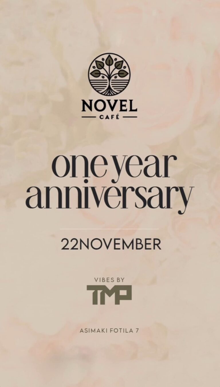 Αφίσα εκδήλωσης στο Novel με πάρτι γενεθλίων για τον 1 χρόνο λειτουργίας του με τον Dj TMP στις 22 Νοεμβρίου 2025.
