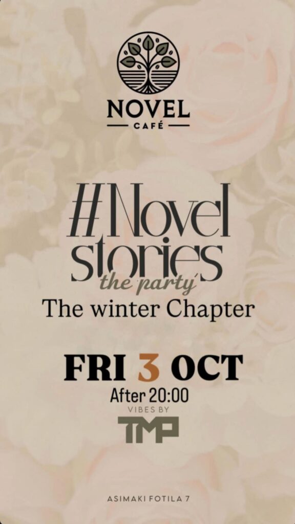 Αφίσα εκδήλωσης στο Novel με party στις 3 Οκτωβρίου 2025 και ώρα 20:00 με Dj τον TMP.