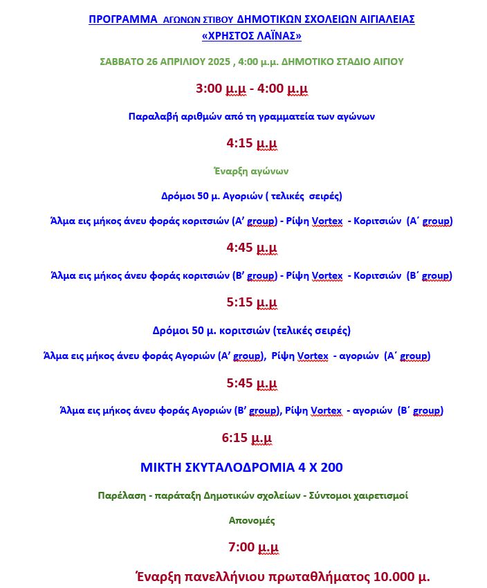 Πρόγραμμα πανελλήνιου πρωταθλήματος στίβου στο Αίγιο.