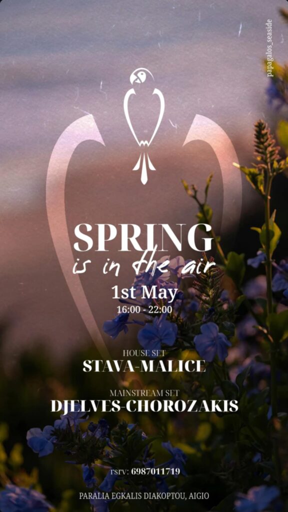 Αφίσα εκδήλωσης στον papagalos στην Εγκάλη Διακοπτού με djs από τις 16:00 η ώρα.