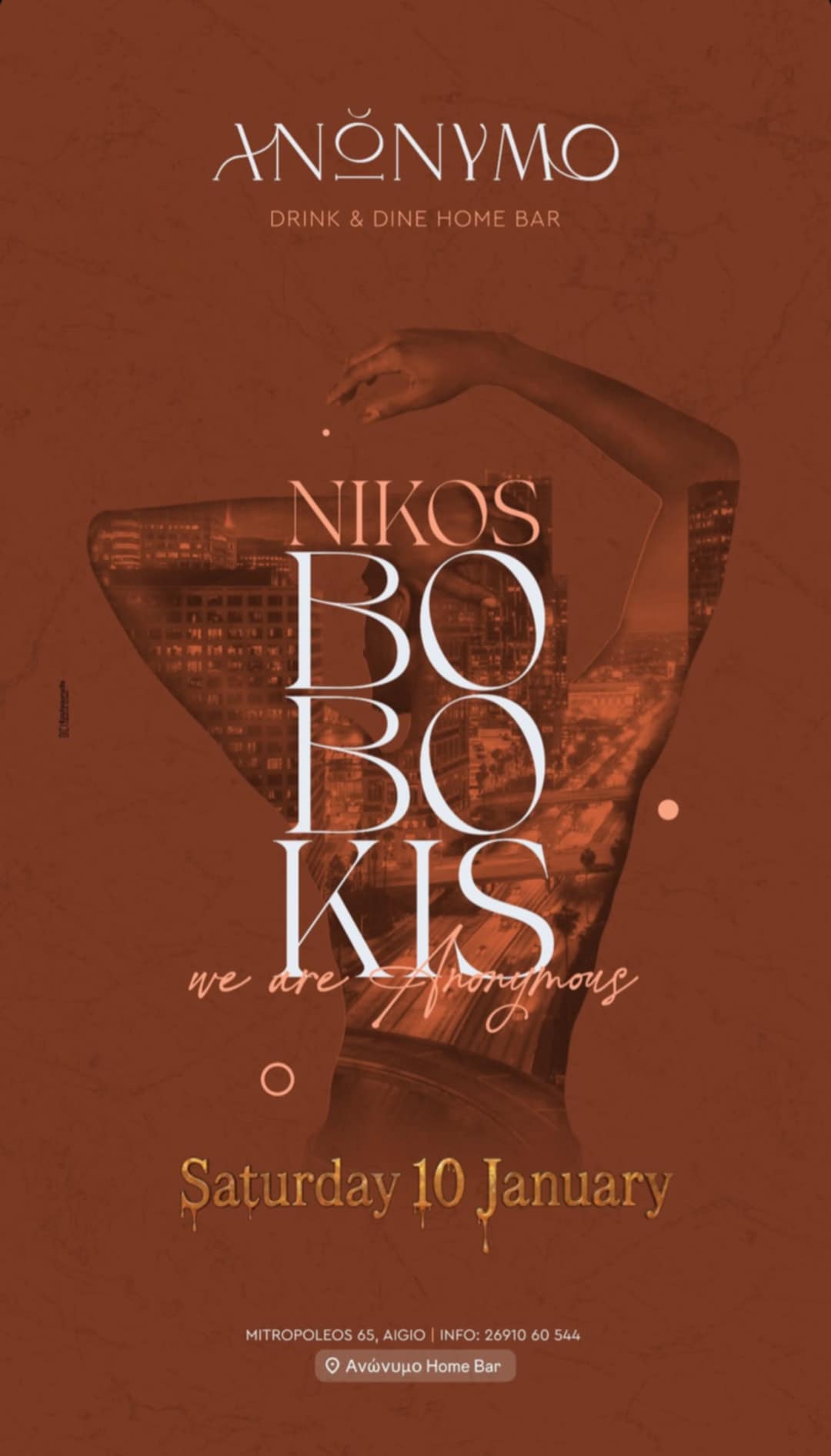 Αφίσα εκδήλωσης στο Ανώνυμο Home Bar με τον Dj Niko Boboki στις 10 Ιανουαρίου 2026.