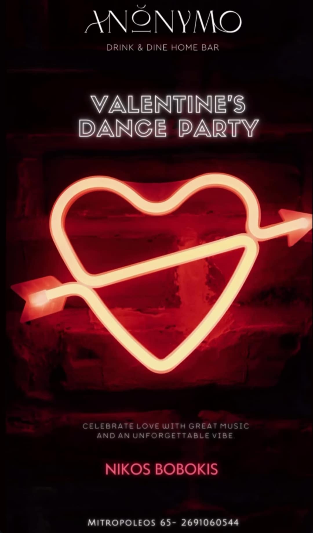 Αφίσα εκδήλωσης στο Ανώνυμο Home Bar με τον Dj Niko Boboki την ημέρα των ερωτευμένων, στις 14 Φεβρουαρίου 2026.