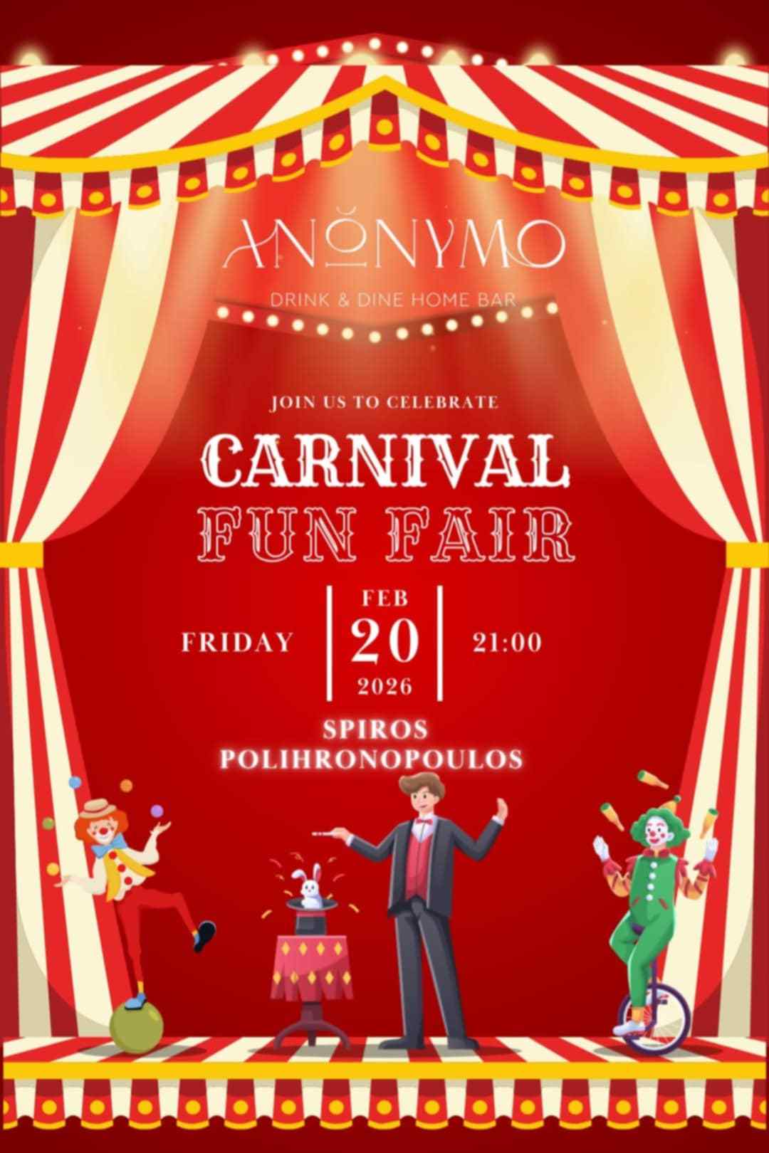 Αφίσα εκδήλωσης στο Ανώνυμο Home Bar την Παρασκευή 20 Φεβρουαρίου 2026 και ώρα 21:00 με τον Dj Spiro Polihronopoulo.