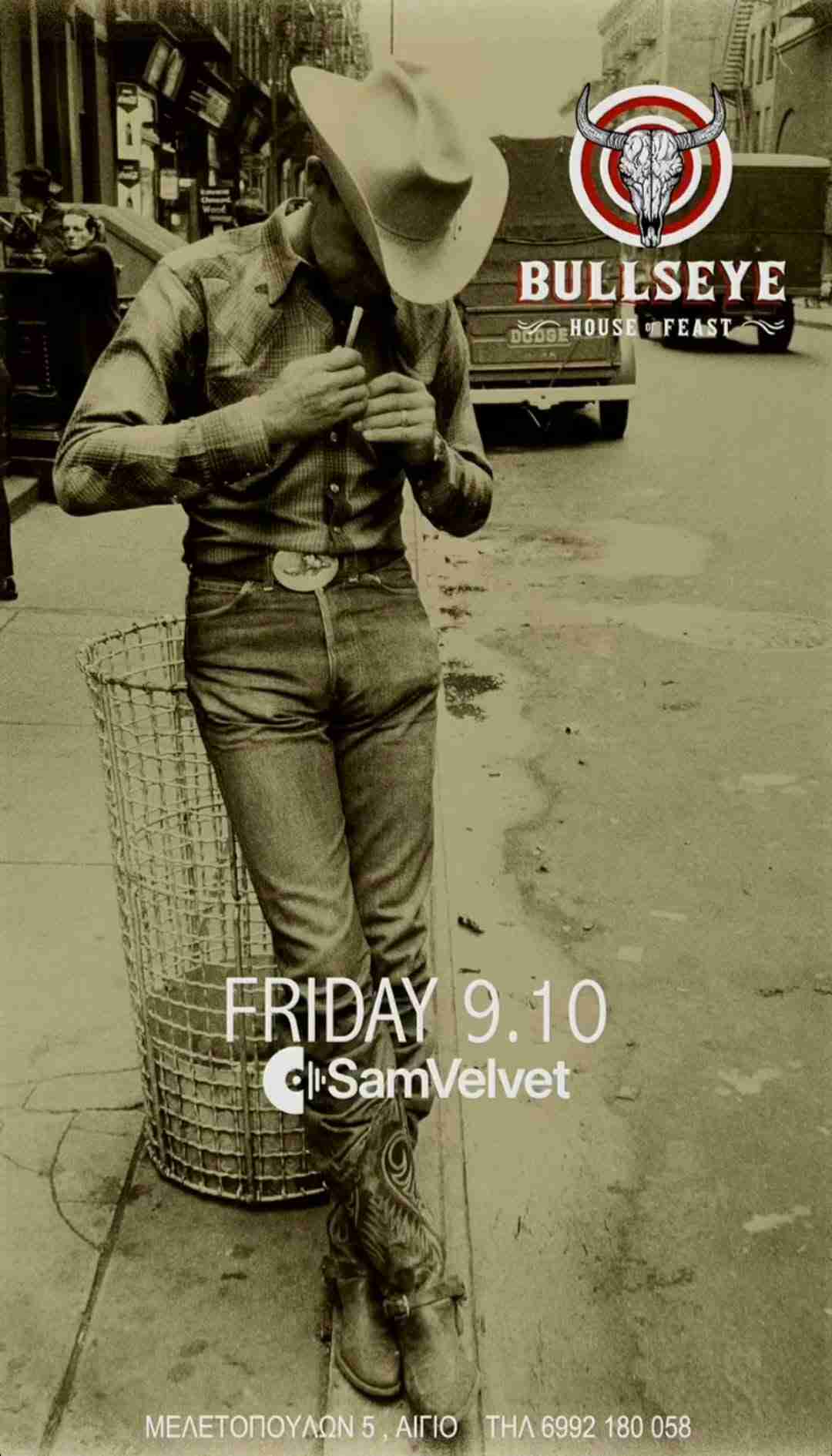 Αφίσα εκδήλωσης στο Bullseye με τον Dj Sam Velvet στις 9 Οκτωβρίου 2026.