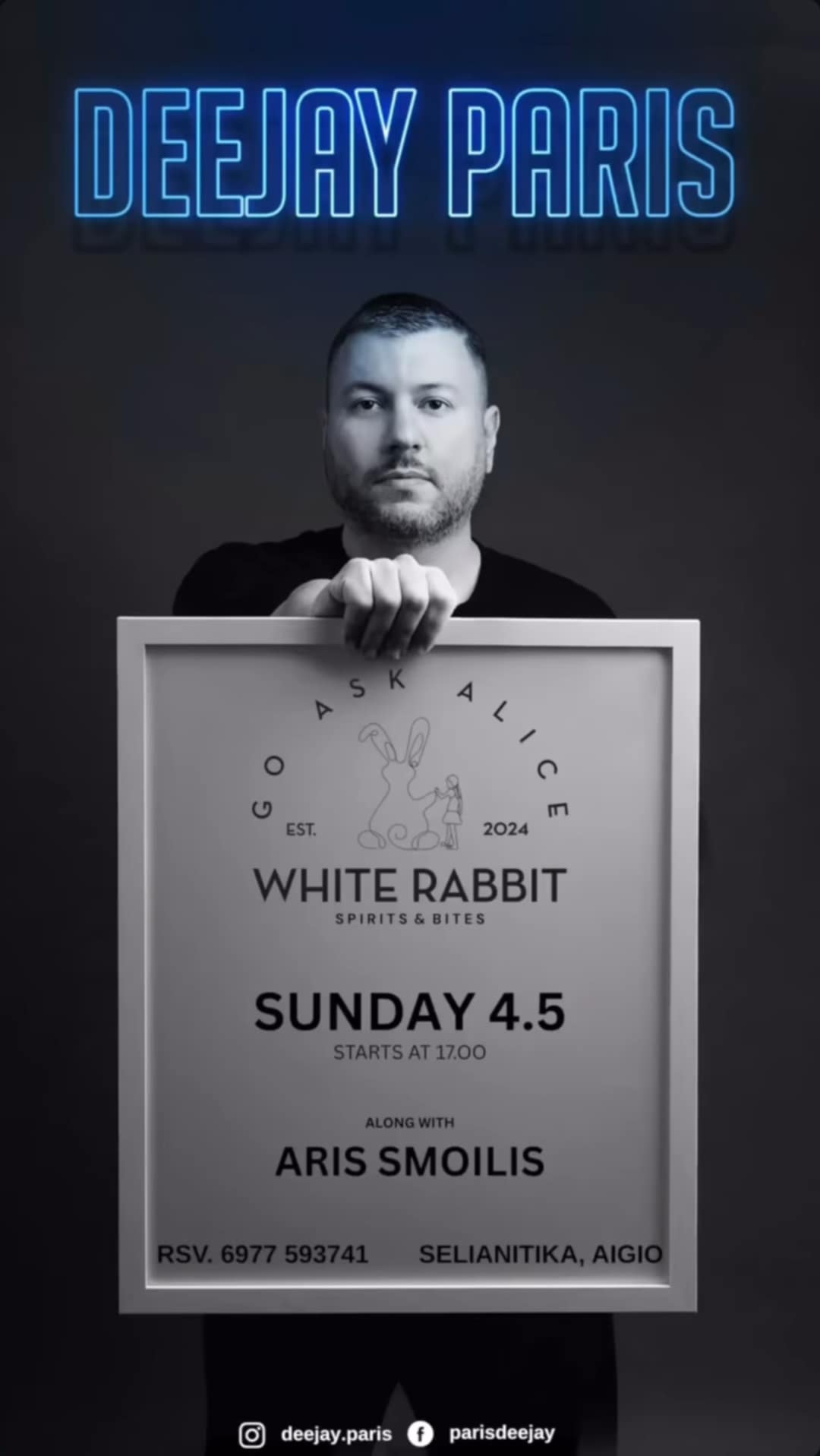 Αφίσα εκδήλωσης με τον DeeJay Paris στο White Rabbit στος 4 Μαΐου 2025. Ώρα έναρξης 17:00.