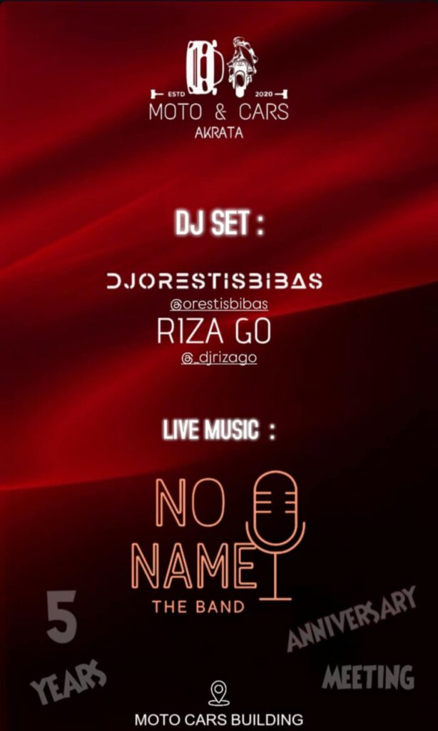 Γενέθλια 5 χρόνων Moto & Cars Akrata στις 15 Νοεμβρίου 2025 και ώρα 19:00 με Djs και live μπάντα.