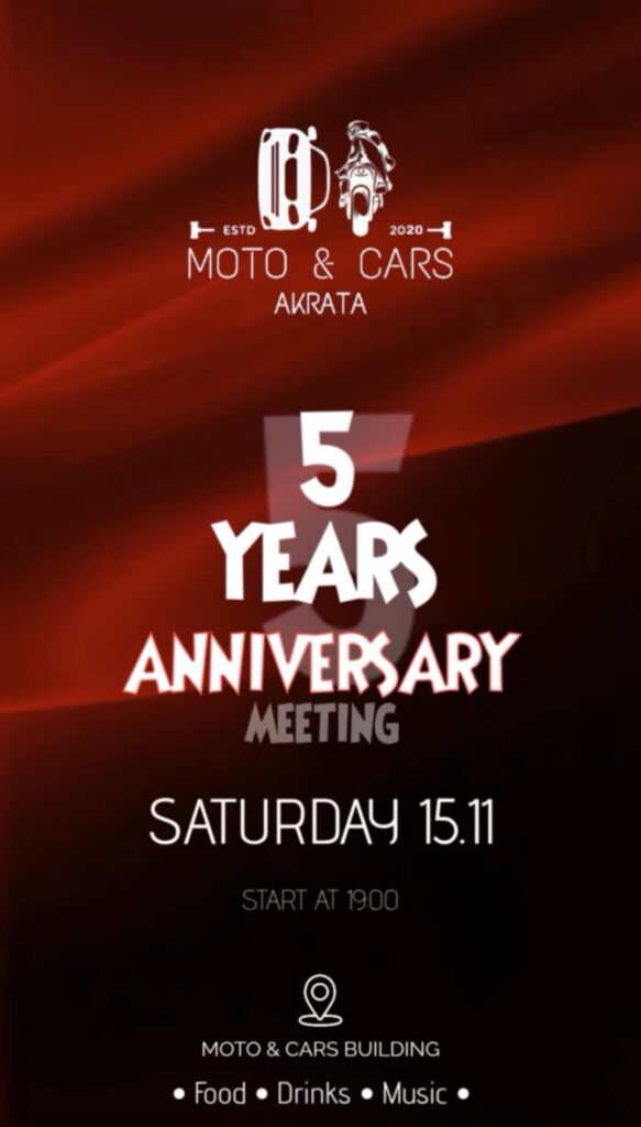 Γενέθλια 5 χρόνων Moto & Cars Akrata στις 15 Νοεμβρίου 2025 και ώρα 19:00.