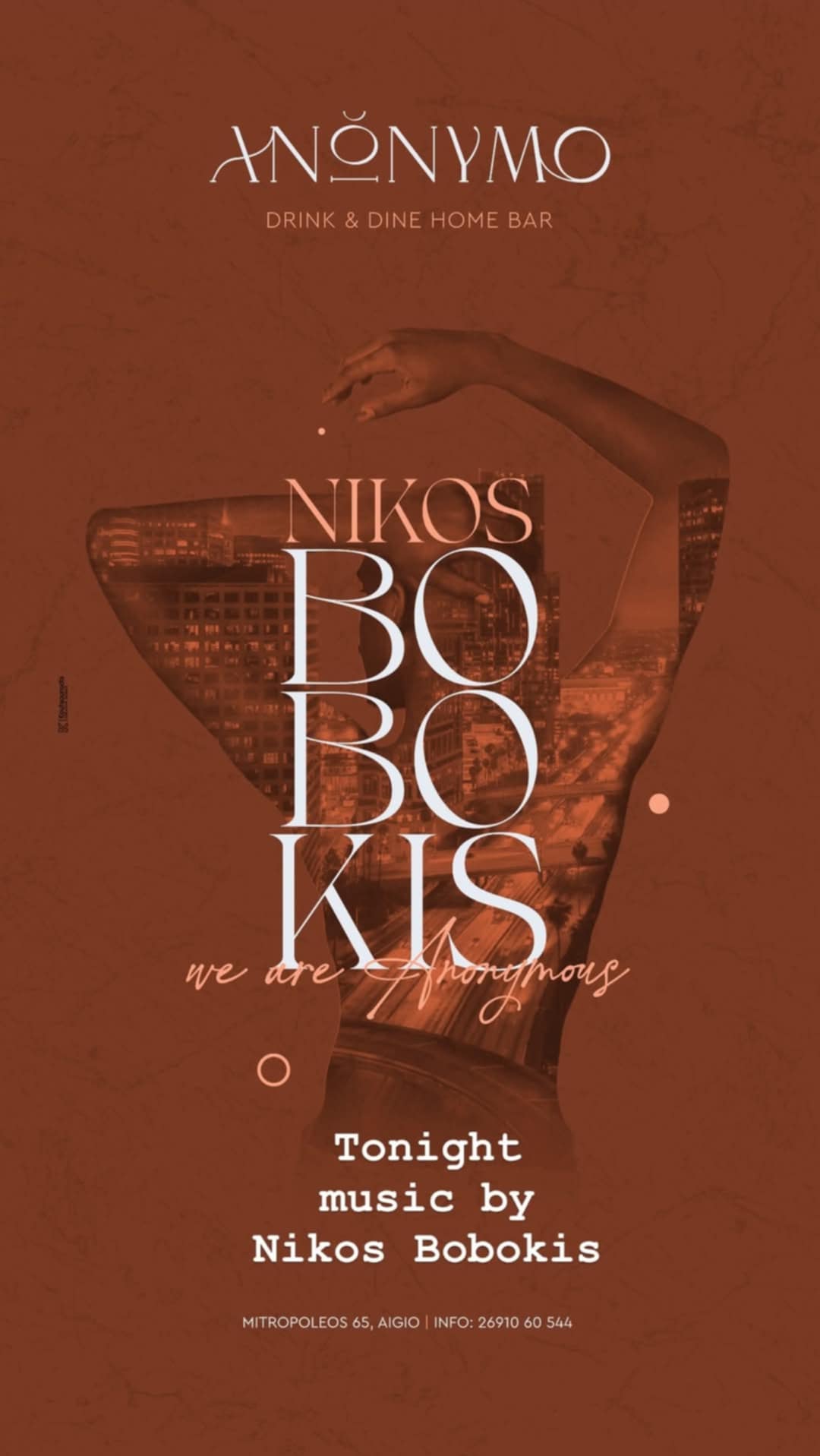 Αφίσα εκδήλωσης στο Ανώνυμο Home Bar με τον Niko Boboki στις 2 Μαΐου 2025.