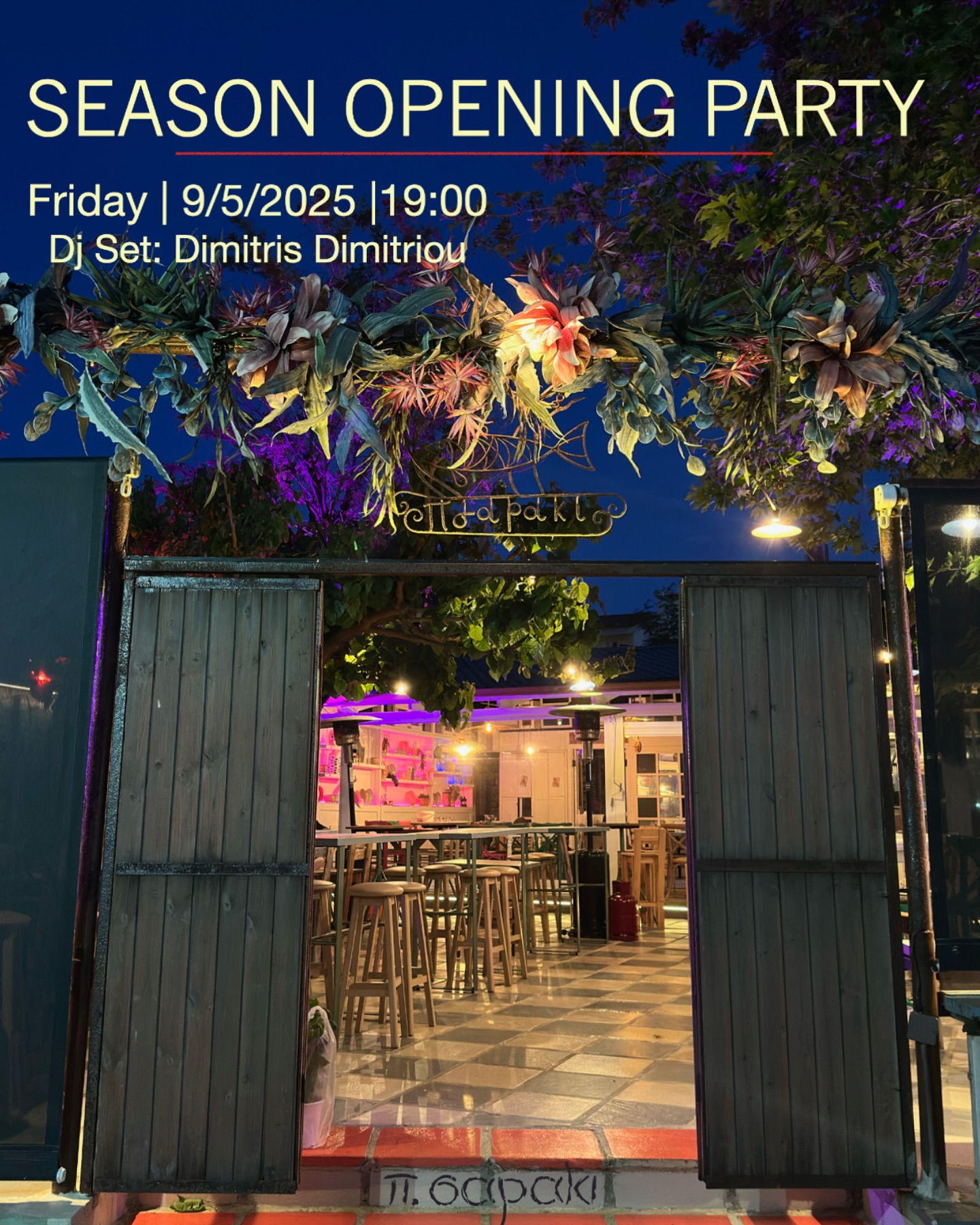 Αφίσα εκδήλωσης Season Opening Party στο Πσαράκι την Παρασκευή 9 Μαΐου 2025 και ώρα 19:00.