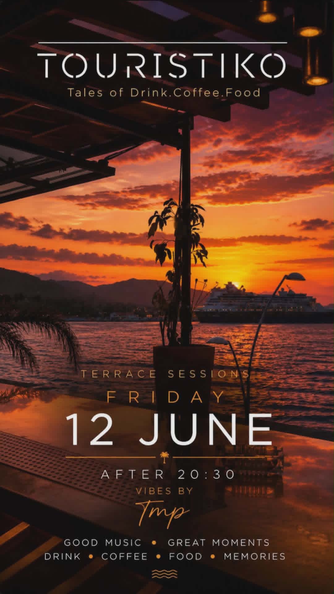 Αφίσα εκδήλωσης στο Touristiko στις 12 Ιουνίου 2026 με dj τον TMP μετά τις 20:30.