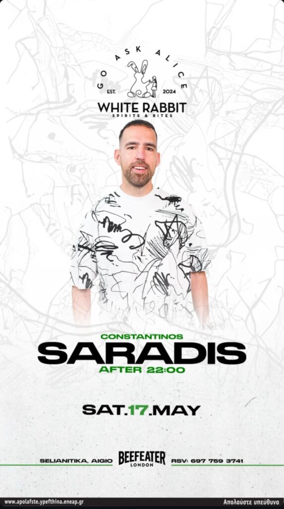 Αφίσα εκδήλωσης με τον Constantino Saradi στα deck του White Rabbit το Σάββατο 17 Μαΐου 2025.