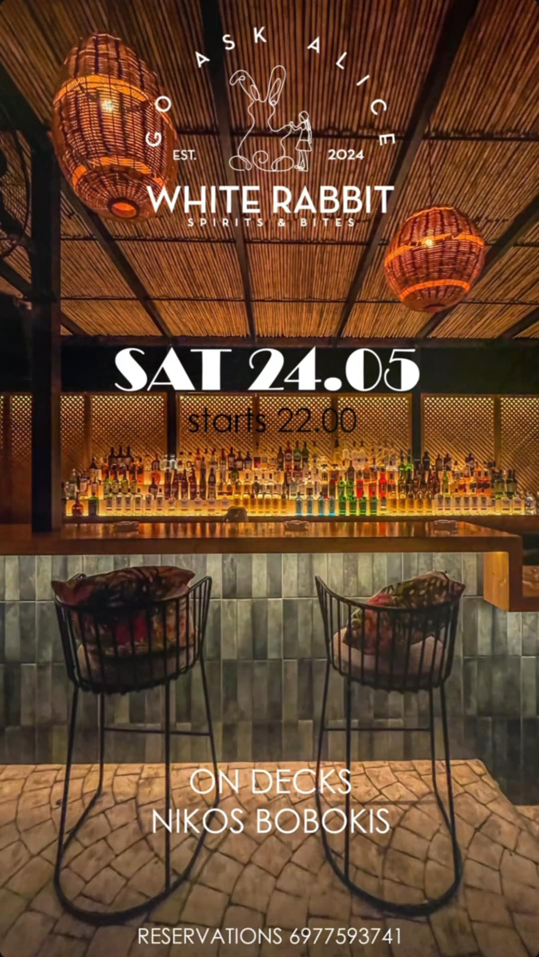 Αφίσα εκδήλωσης στο White Rabbit με DJ τον Niko Boboki στις 24 Μαΐου 2025.