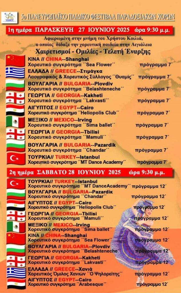 Πρόγραμμα 1ης και 2ης ημέρας του 5ου πανευρωπαϊκού παιδικού φεστιβάλ παραδοσιακών χορών.