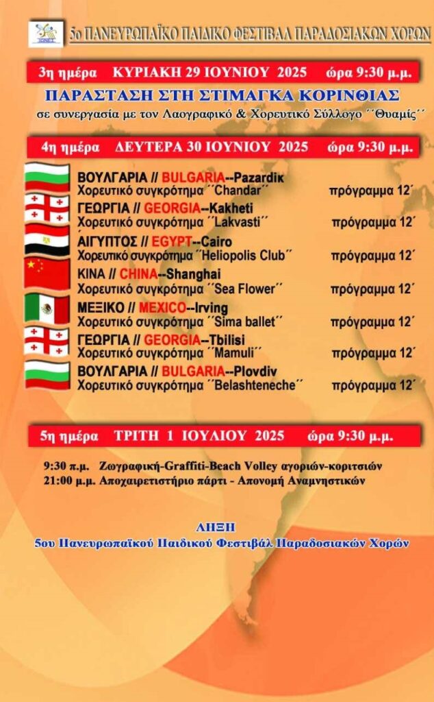 Πρόγραμμα 3ης, 4ης και 5ης ημέρας του 5ου πανευρωπαϊκού παιδικού φεστιβάλ παραδοσιακών χορών.