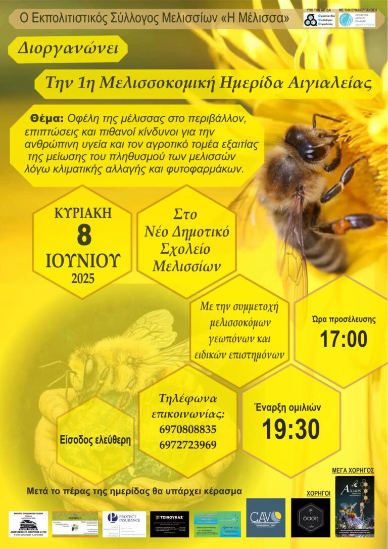 Αφίσα εκδήλωσης για την 1η Μελισσοκομική ημερίδα Αιγιαλείας στις 8 Ιουνίου στα Μελίσσια Αιγιαλείας με ελεύθερη είσοδο.