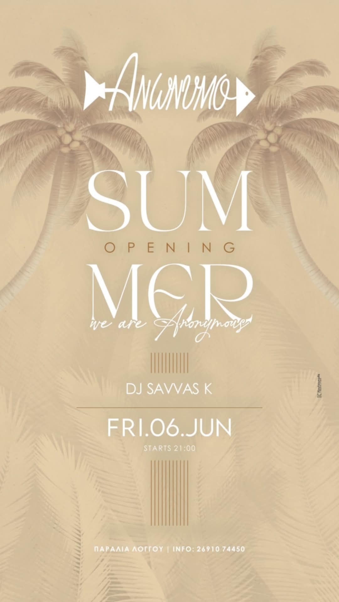 Αφίσα εκδήλωσης για το Summer Opening του Ανώνυμο την Παρασκευή 6 Ιουνίου 2025 με τον DJ Savva K.
