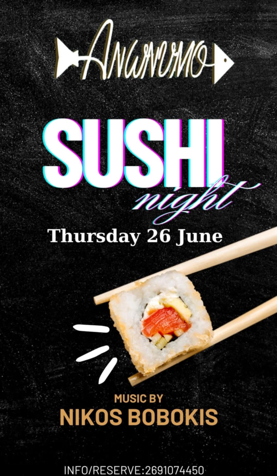 Αφίσα εκδήλωσης στο Ανώνυμο με Sushi νύχτα και στα decks τον Niko Boboki στις 26 Ιουνίου 2025.