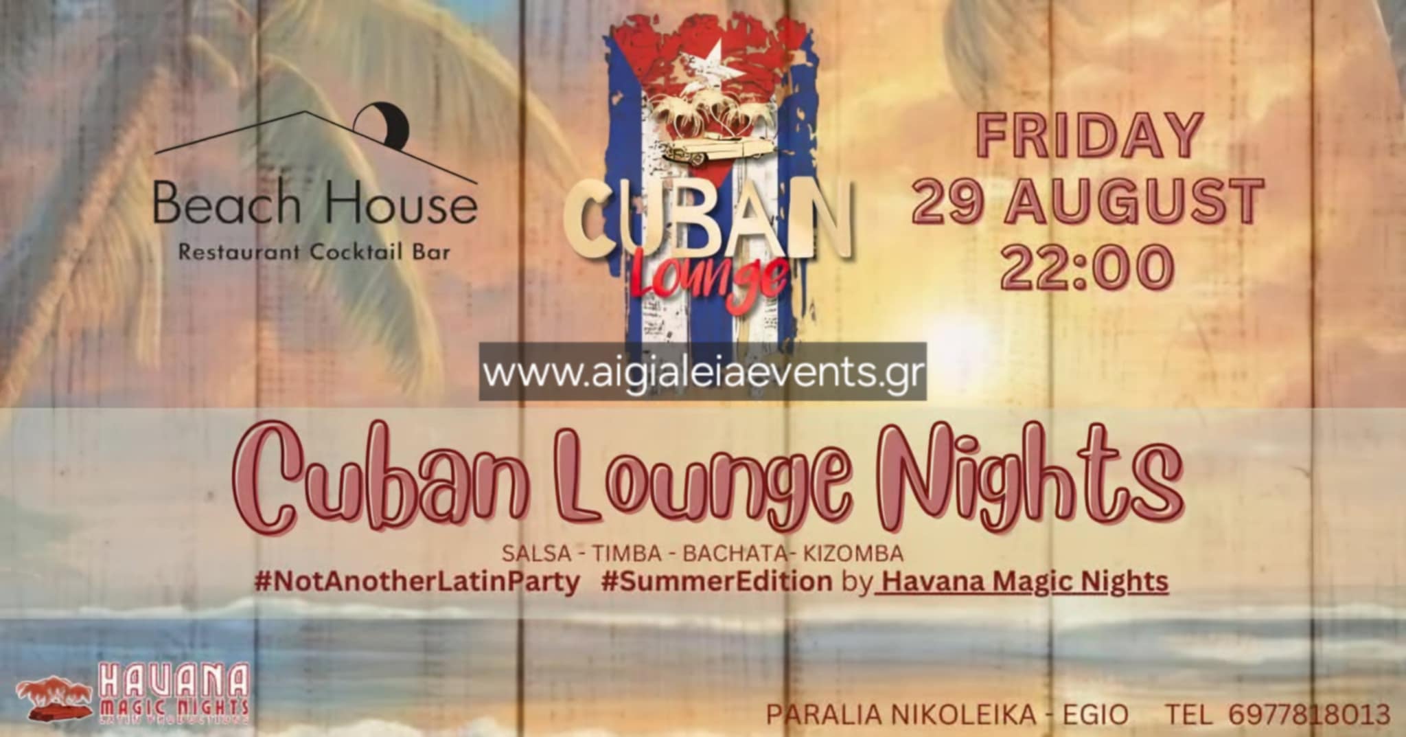 Αφίσα εκδήλωσης στο Beach House με Cuban Lounge Nights στις 29 Αυγούστου 2025 και ώρα 22:00.