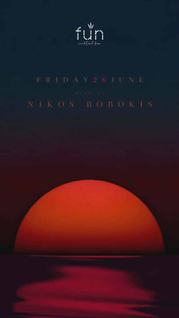 Αφίσα εκδήλωσης στο Fun με τον Dj Niko Boboki στις 26 Ιουνίου 2026, μετά τις 20:00.