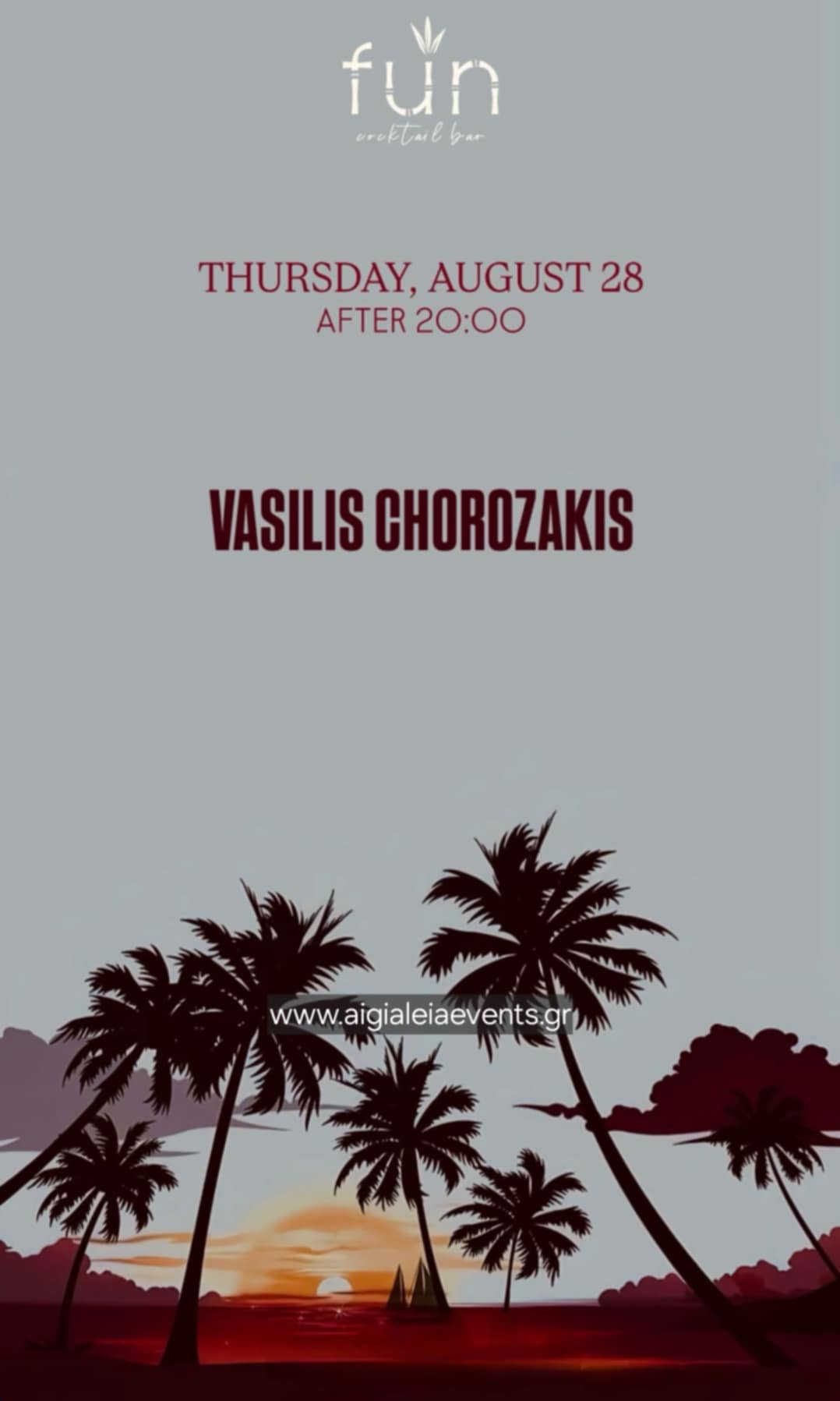 Αφίσα εκδήλωσης στο Fun στις 28 Αυγούστου 2025 με τον Dj Vasili Chorozaki.