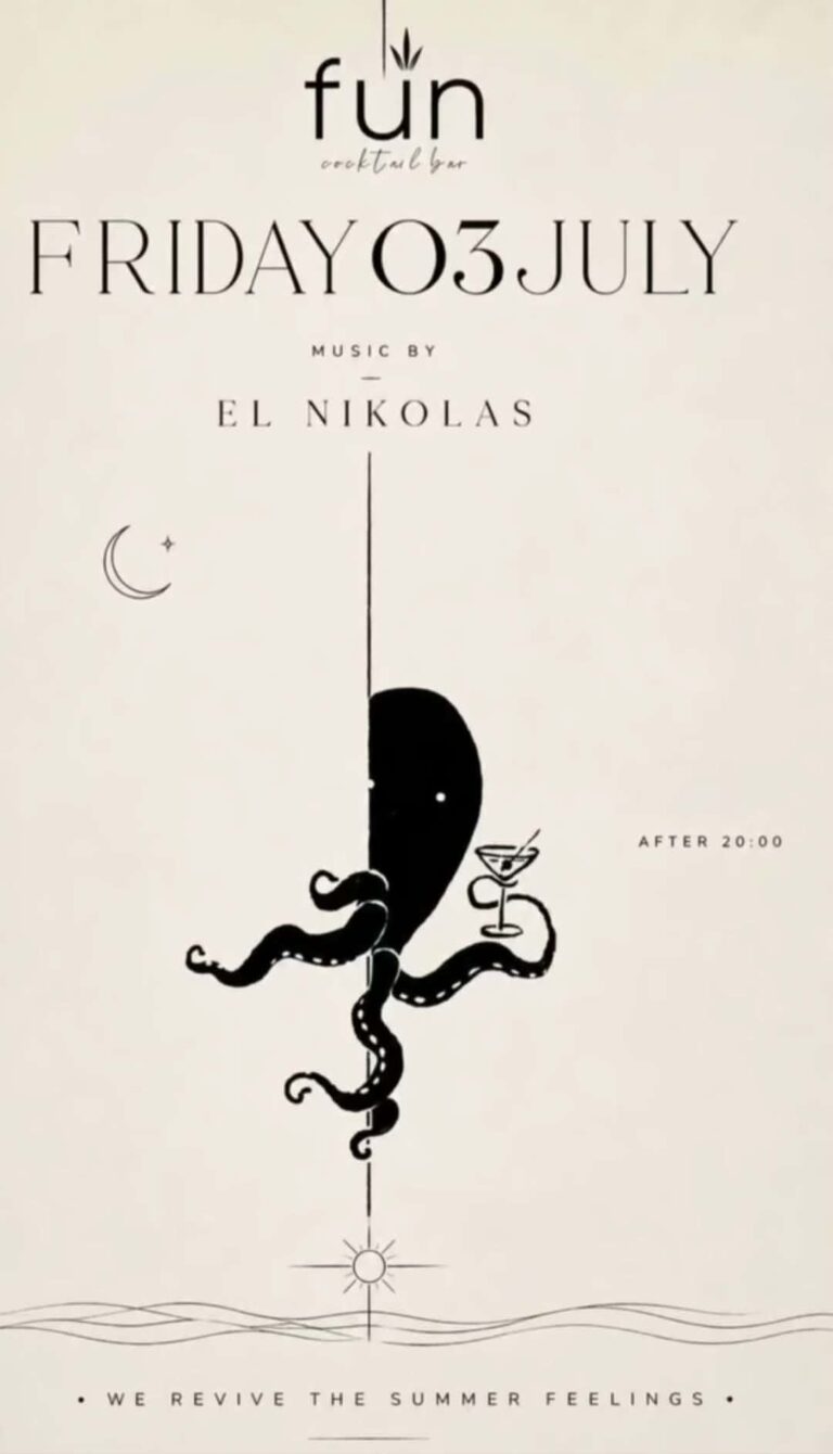 Αφίσα εκδήλωσης στο Fun με τον Dj El Nikolas την Παρασκευή 3 Ιουλίου 2026 και ώρα 20:00.