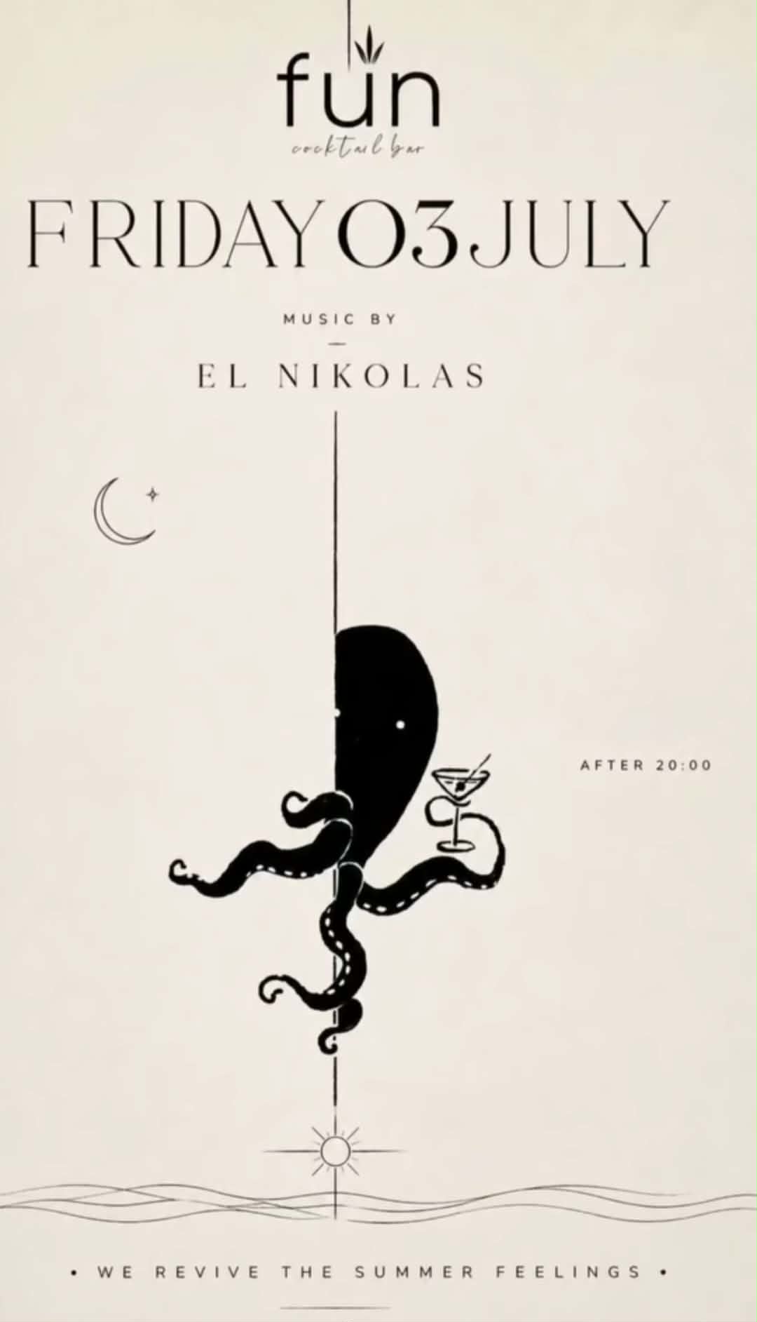Αφίσα εκδήλωσης στο Fun με τον Dj El Nikolas την Παρασκευή 3 Ιουλίου 2026 και ώρα 20:00.