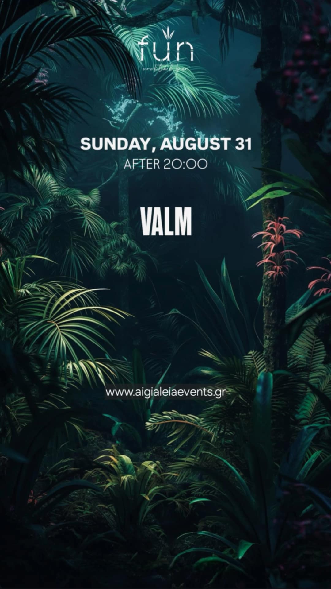 Αφίσα εκδήλωσης από το Fun την Κυριακή 31 Αυγούστου 2025 και ώρα 20:00 με τον Dj Valm.