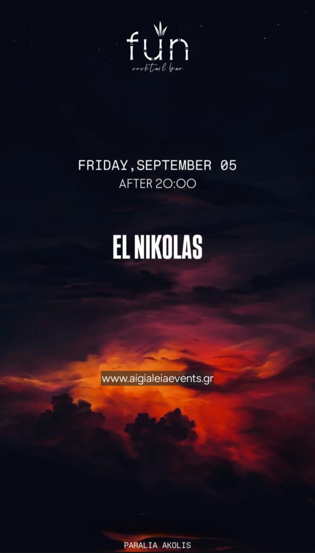 Αφίσα εκδήλωσης στο Fun με τον Dj El Nikolas την Παρασκευή 5 Σεπτεμβρίου 2025 και ώρα 20:00.