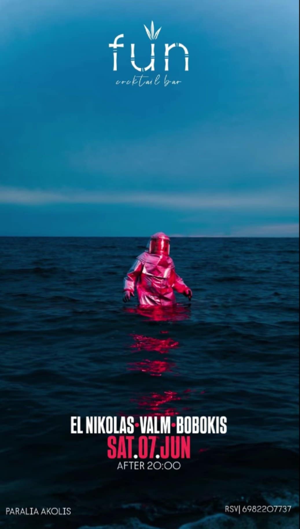 Αφίσα εκδήλωσης στο Fun με Djs τους El Nikolas, Valm και τον Boboki. Ώρα έναρξης 20:00.