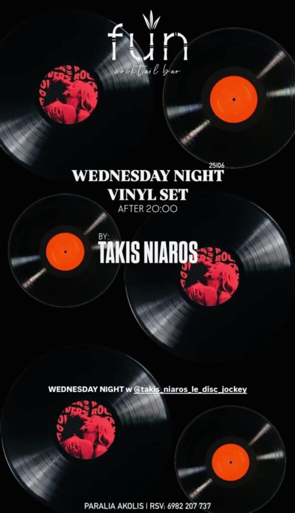 Αφίσα εκδήλωσης στο Fun την Τετάρτη 25 Ιουνίου 2025 και ώρα 20:00 με Vinyl set από τον Taki Niaro.