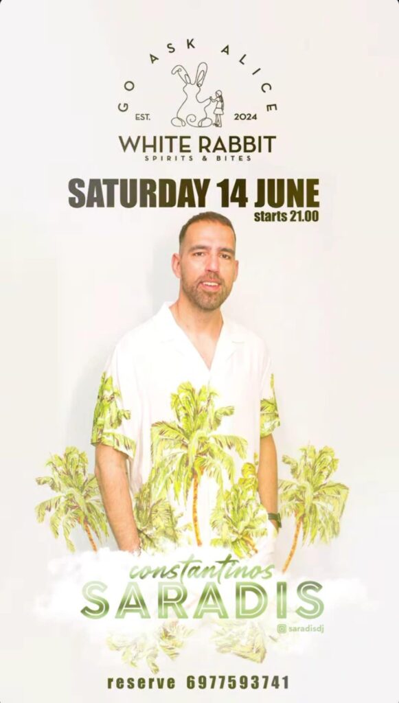 Αφίσα εκδήλωσης με τον Κωνσταντίνο Σαράντη στο White Rabbit στις 14 Ιουνίου 2025 και ώρα 21:00.