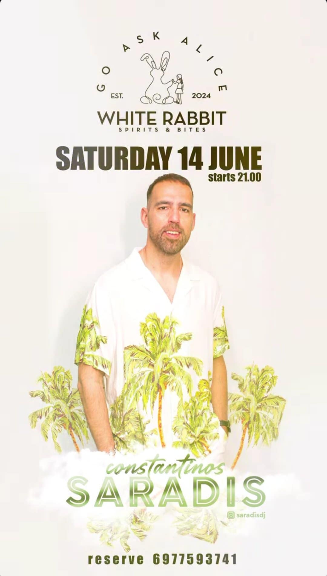 Αφίσα εκδήλωσης με τον Κωνσταντίνο Σαράντη στο White Rabbit στις 14 Ιουνίου 2025 και ώρα 21:00.