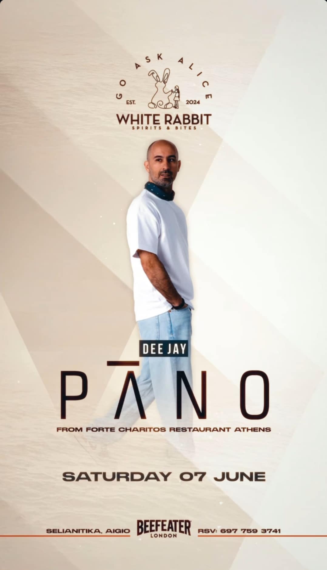 Αφίσα εκδήλωσης με τον DEEJAY PANO στο Wite Rabbit το Σάββατο 7 Ιουνίου και ώρα 22:00.