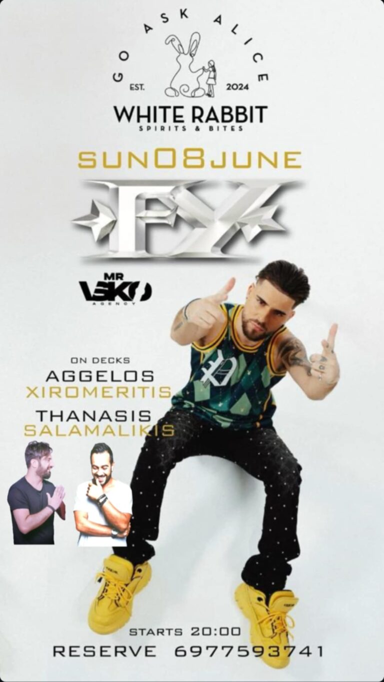 Αφίσα εκδήλωσης στο White Rabbit με τον FY και Djs την Κυριακή 8 Ιουνίου και ώρα 20:00.