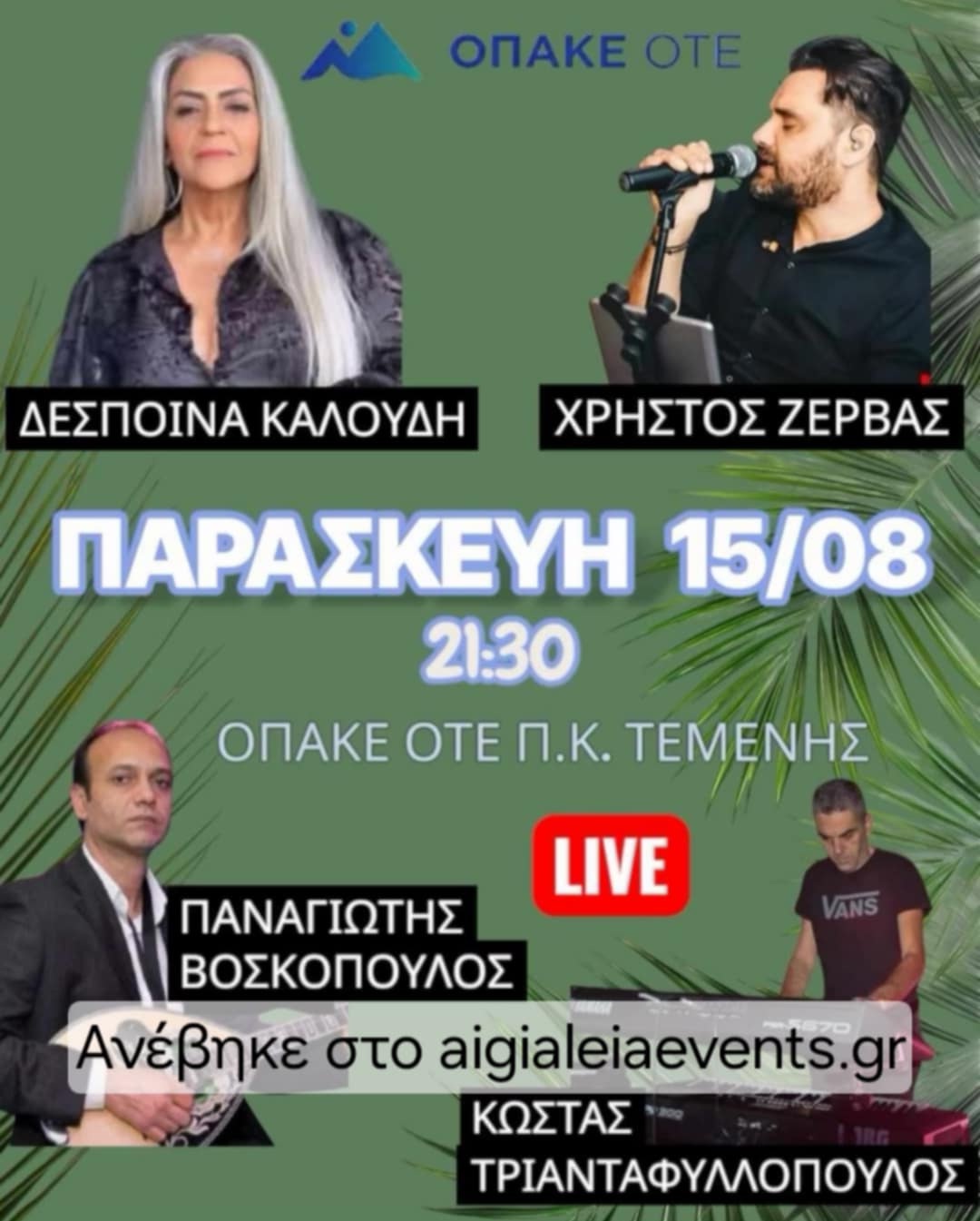 Αφίσα εκδήλωσης στον Ο.ΠΑ.ΚΕ Ο.Τ.Ε Τέμενης στις 15 Αυγούστου και ώρα 21:30 με ζωντανή μουσική.