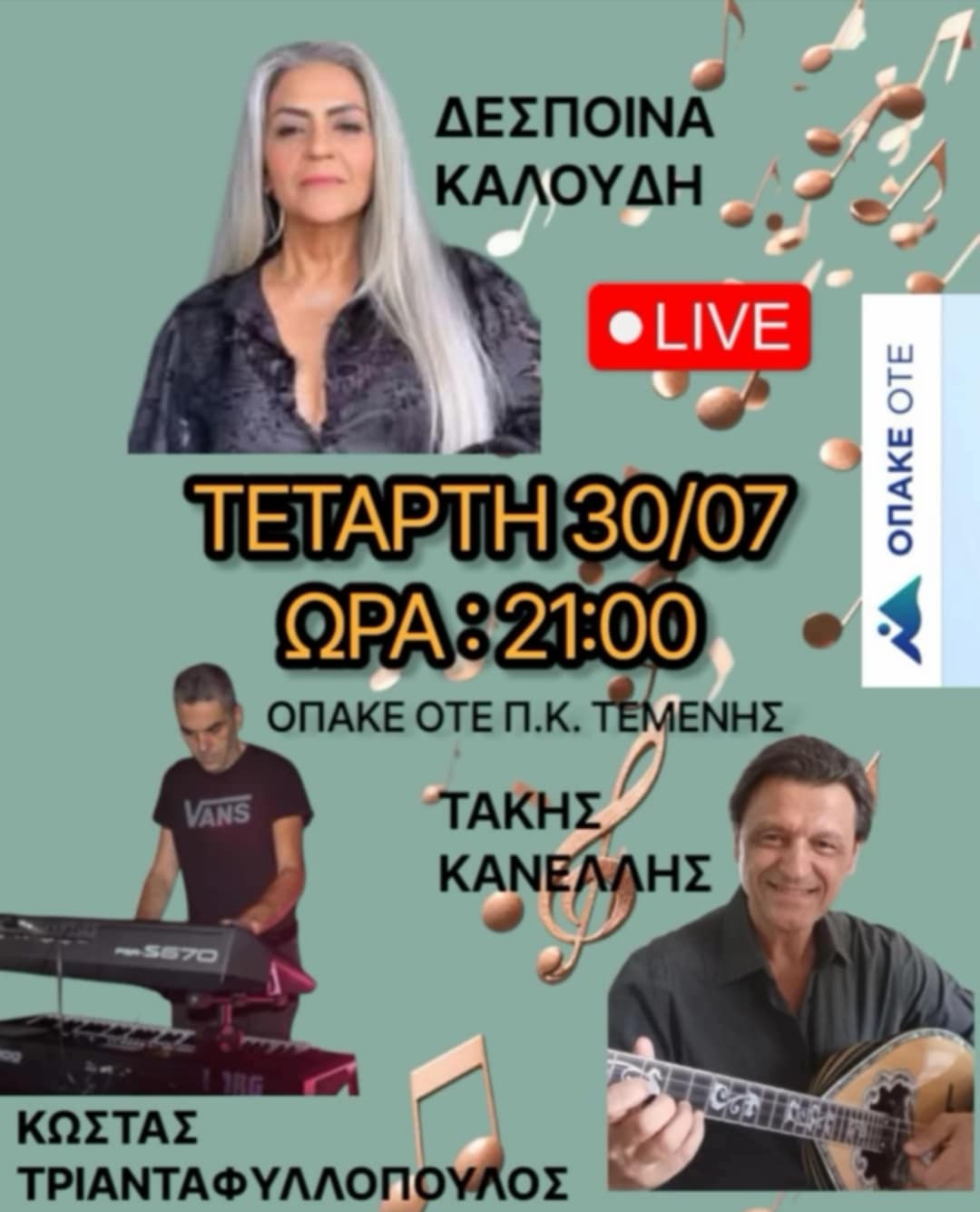 Αφίσα εκδήλωσης στον Ο.ΠΑ.ΚΕ Ο.Τ.Ε Τέμενης στις 30 Ιουλίου και ώρα 21:00 με ζωντανή μουσική.