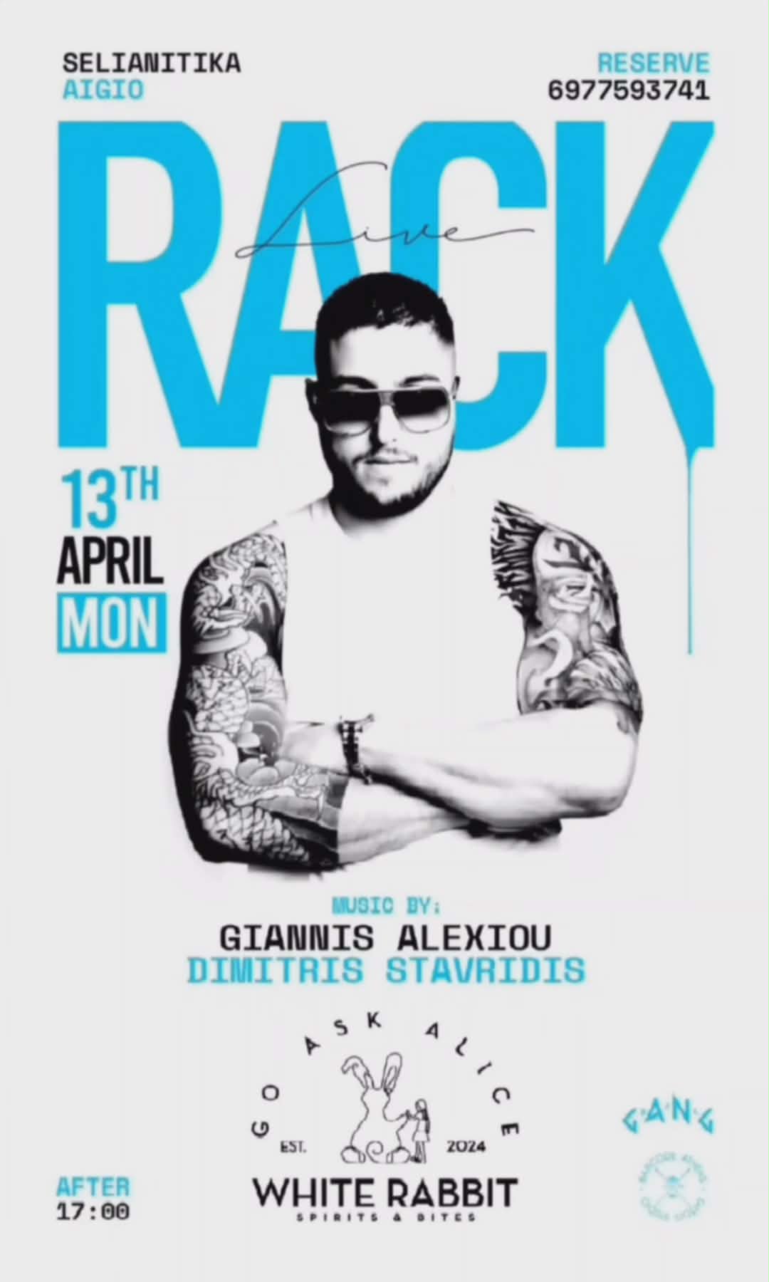 Αφίσα εκδήλωσης στο White Rabbit με τον Rack και Djs τη Δευτέρα 13 Απριλίου 2026 και ώρα 17:00.