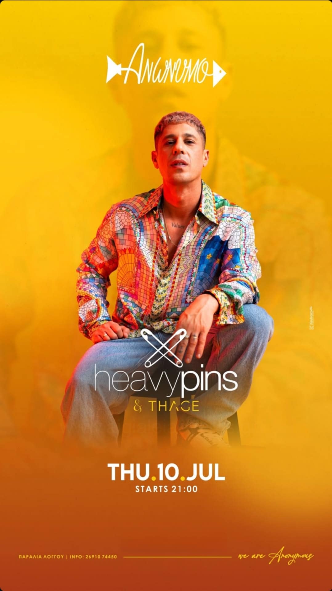 Αφίσα εκδήλωσης στο Ανώνυμο στις 10 Ιουλίου 2025 με HeavyPins και Thage και ώρα 21:00.