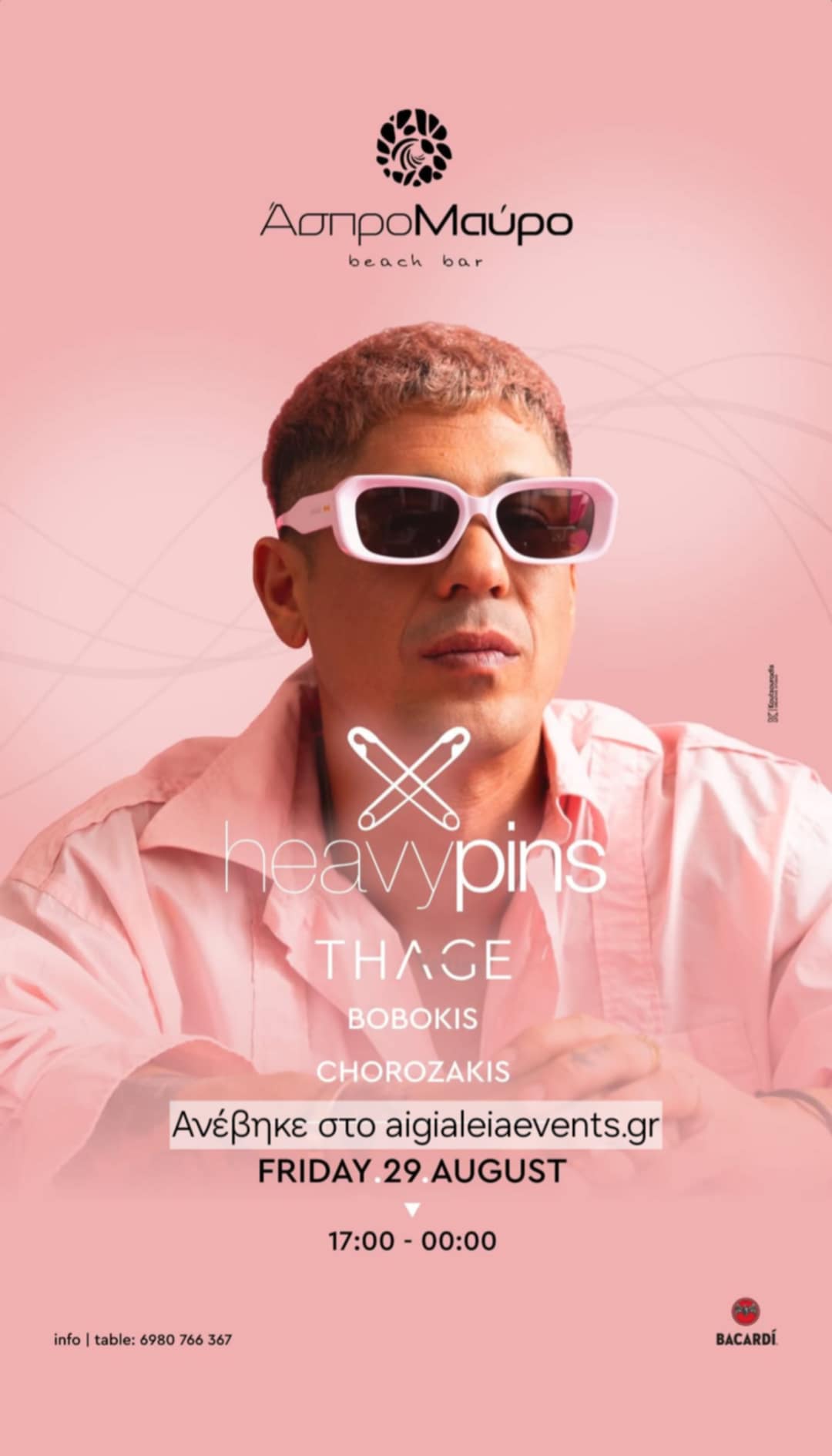 Αφίσα εκδήλωσης στο Άσπρο Μαύρο στις 29 Αυγούστου 2025 με HeavyPins, Thage, Boboki και Chorozaki και ώρα 17:00 - 00:00.