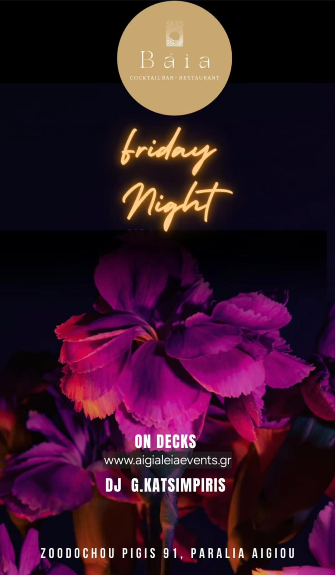 Αφίσα εκδήλωσης στο Baia στις 12 Σεπτεμβρίου 2025 με Dj τον G. Katsibiri.