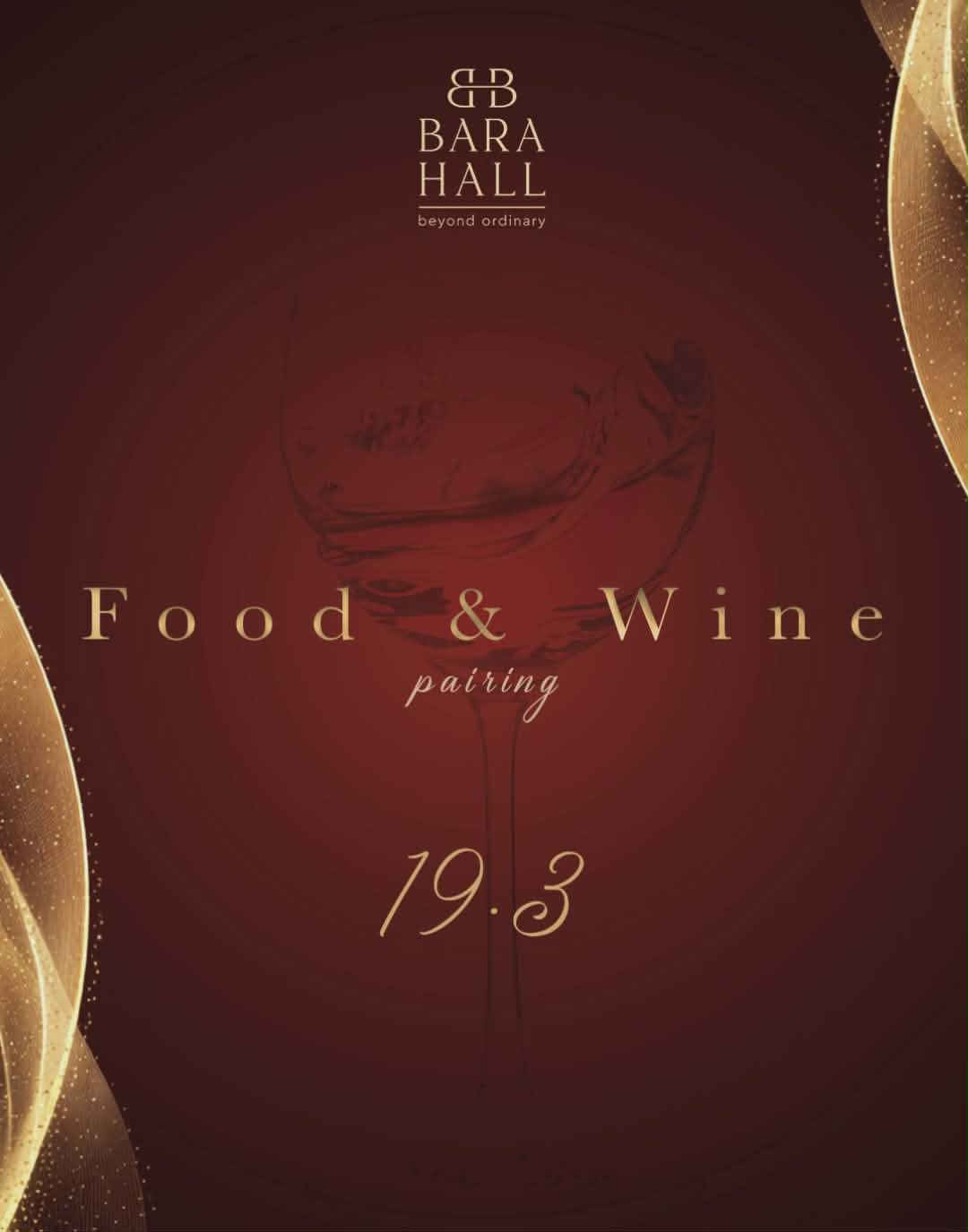 Αφίσα εκδήλωσης στο Bara Hall στις 19 Μαρτίου 2026 με Food and Wine pairing.