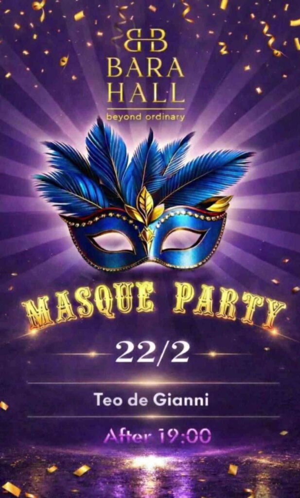 Αφίσα εκδήλωσης στο Bara Hall με αποκριάτικο πάρτι με τον Dj Teo De Gianni.