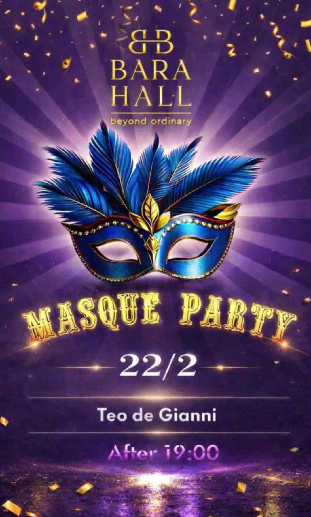 Αφίσα εκδήλωσης στο Bara Hall με αποκριάτικο πάρτι με τον Dj Teo De Gianni.