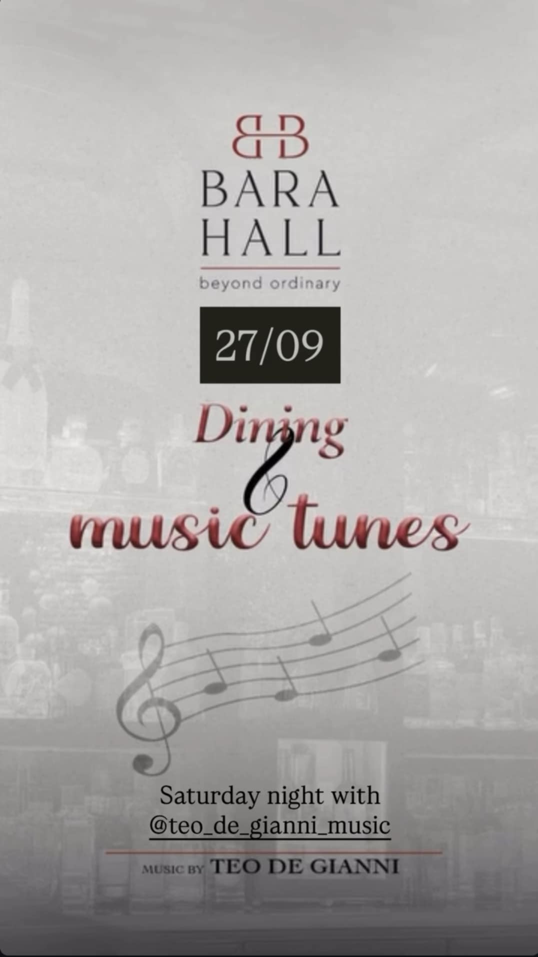 Αφίσα εκδήλωσης με τον Dj teo de gianni στο Bara Hall στις 27 Σεπτεμβρίου 2025.